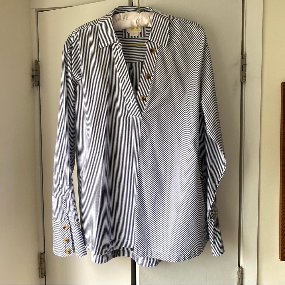 Anthropologie Maeve Navy and White Striped Long Shirt